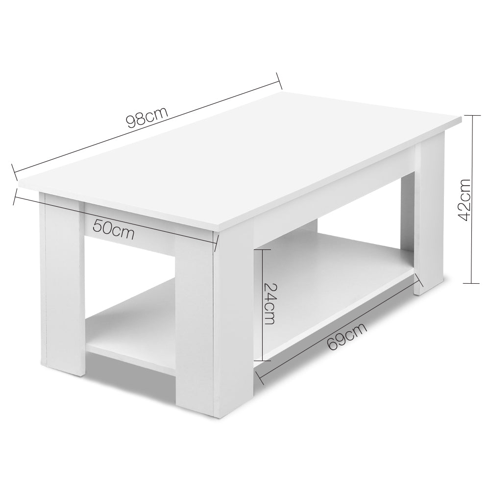 White lift-top coffee table with top panel raised showing open interior storage space