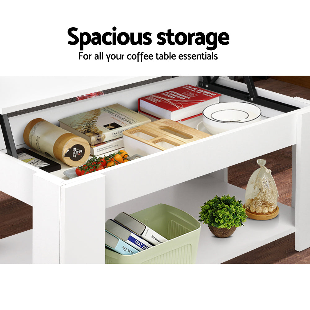 Side view of white lift-top coffee table showing leg profile and lower open shelf