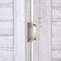 White louvered wood room divider silver two-way hinge close-up on weathered wood slat panel frame