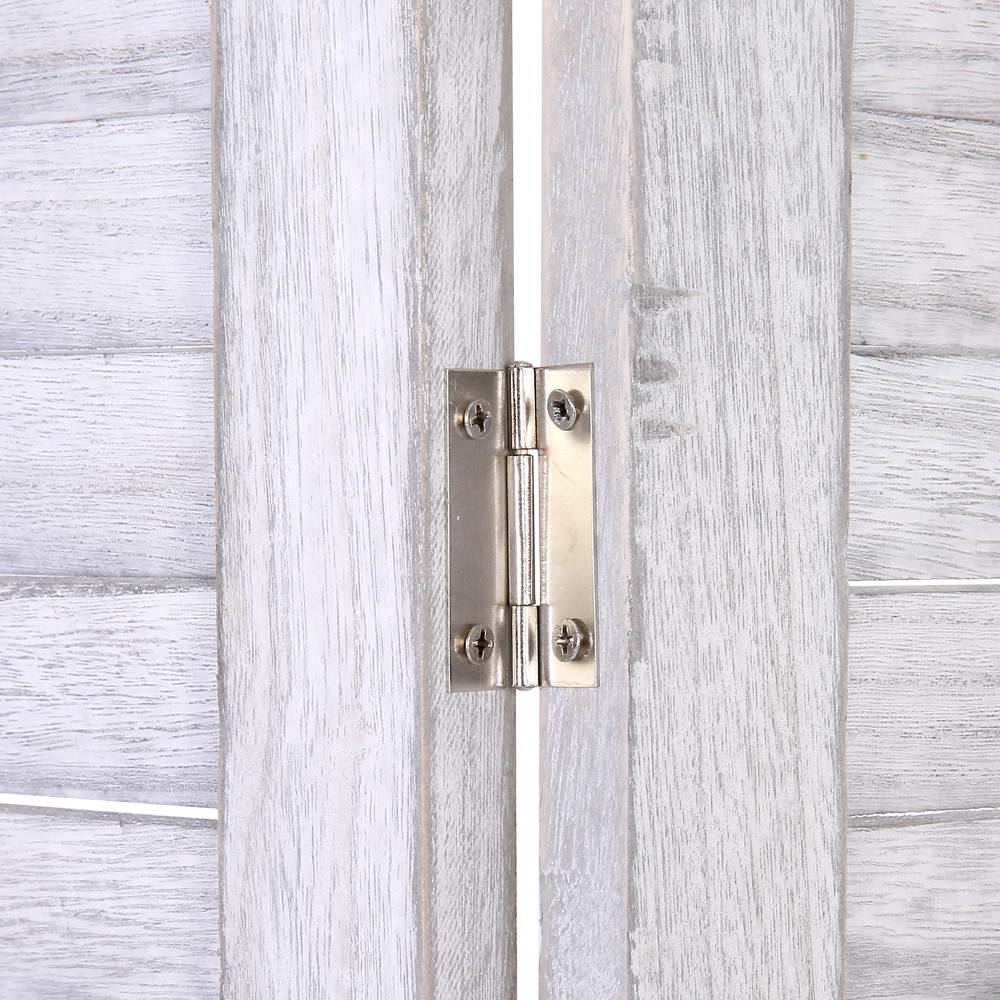 White louvered wood room divider silver two-way hinge close-up on weathered wood slat panel frame