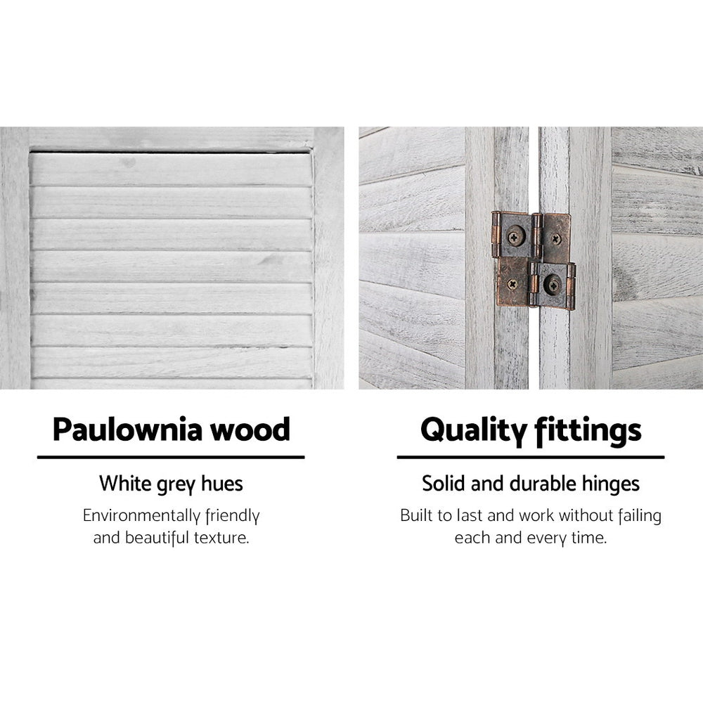 White louvered wood room divider feature close-ups paulownia wood slat texture and copper two-way hinge on white frame