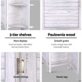 White louvered wood room divider features 3-tier shelf close-up paulownia wood texture silver hinge and steady legs