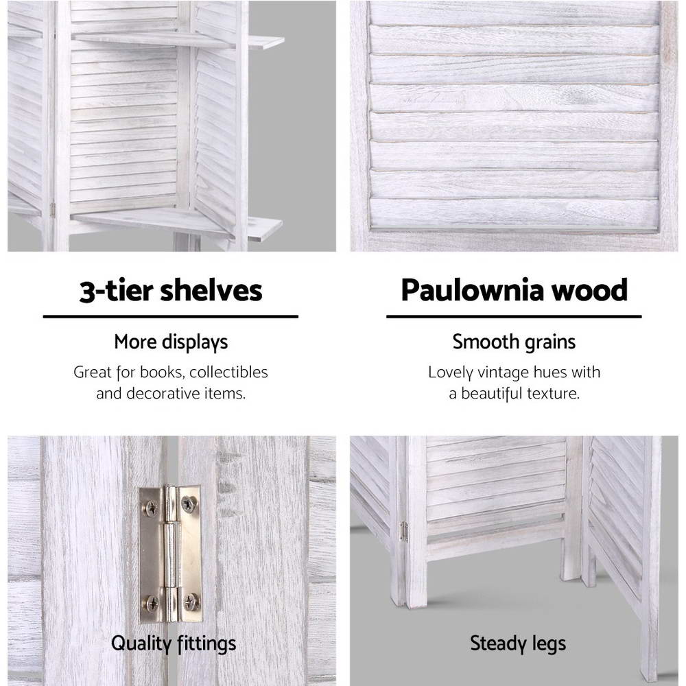 White louvered wood room divider features 3-tier shelf close-up paulownia wood texture silver hinge and steady legs