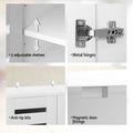 White louvred shoe cabinet features showing adjustable shelves metal hinges anti-tip kits and magnetic door fittings