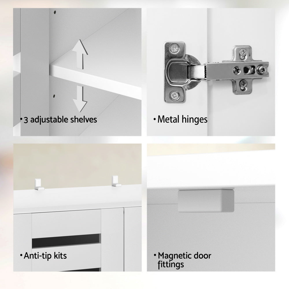 White louvred shoe cabinet features showing adjustable shelves metal hinges anti-tip kits and magnetic door fittings