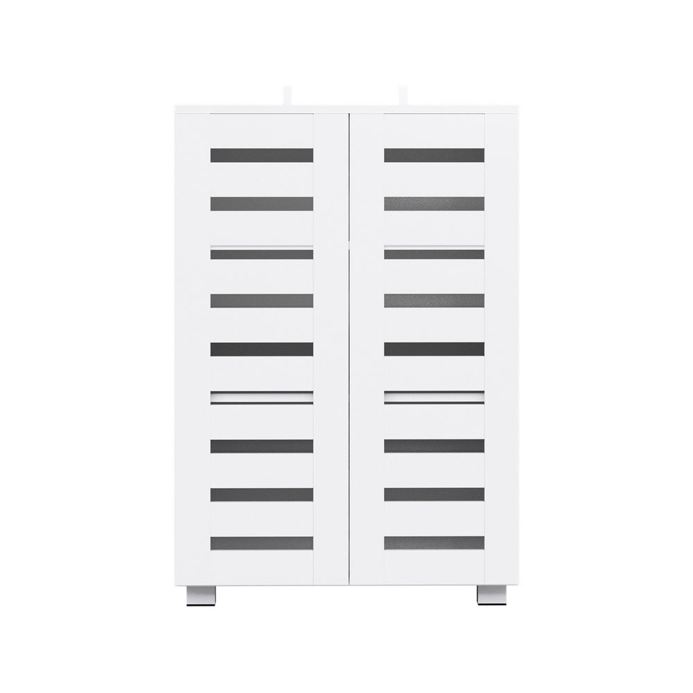 White louvred 2-door shoe cabinet front view on white background showing horizontal slat ventilation pattern