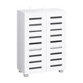White louvred 2-door shoe cabinet front view on white background with anti-tip clips at top
