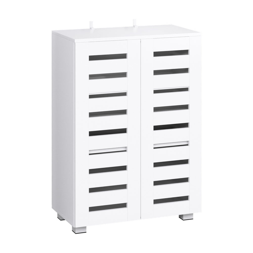 White louvred 2-door shoe cabinet front view on white background with anti-tip clips at top