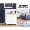White louvred sideboard in bedroom with books and plants on open shelf; text: be creative, a perfect match anywhere