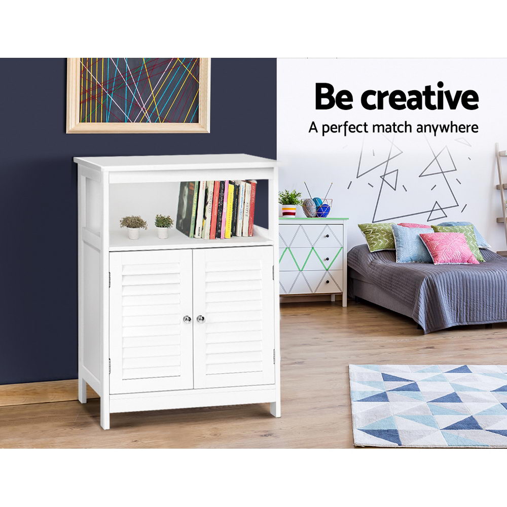 White louvred sideboard in bedroom with books and plants on open shelf; text: be creative, a perfect match anywhere