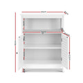 White louvred sideboard dimensions: 60cm wide, 30cm deep, 80cm tall, open shelves 54cm wide with 20cm top and 21cm lower