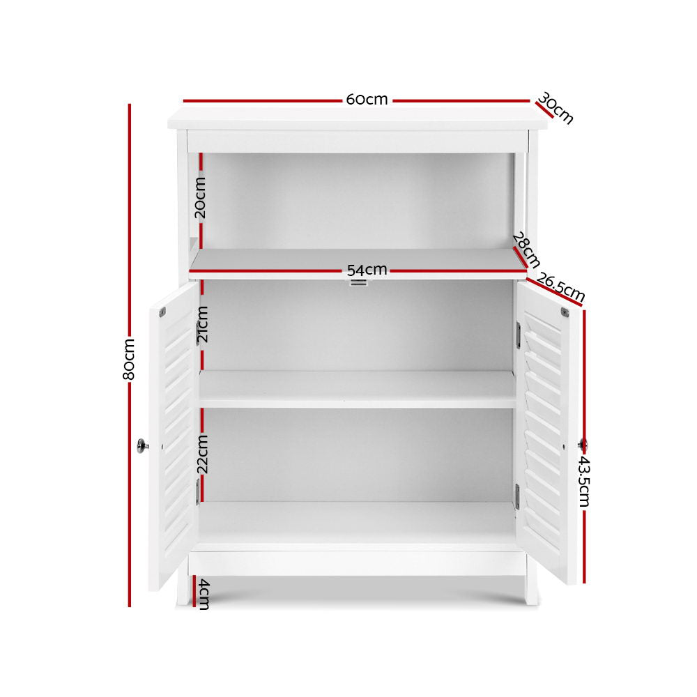 White louvred sideboard dimensions: 60cm wide, 30cm deep, 80cm tall, open shelves 54cm wide with 20cm top and 21cm lower