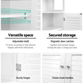 White louvred sideboard features: adjustable shelf, magnetic door catches, sturdy hinges, classic chrome knob handles