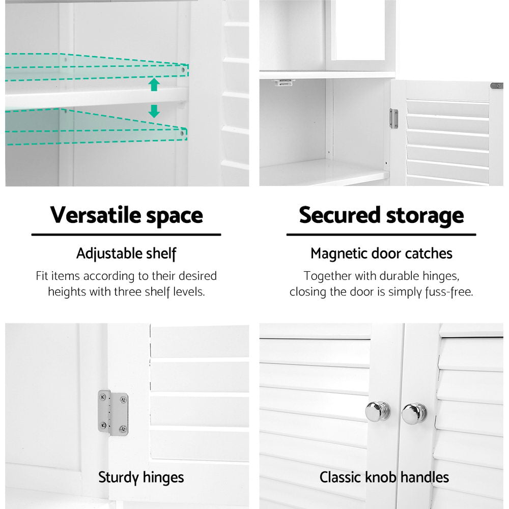 White louvred sideboard features: adjustable shelf, magnetic door catches, sturdy hinges, classic chrome knob handles