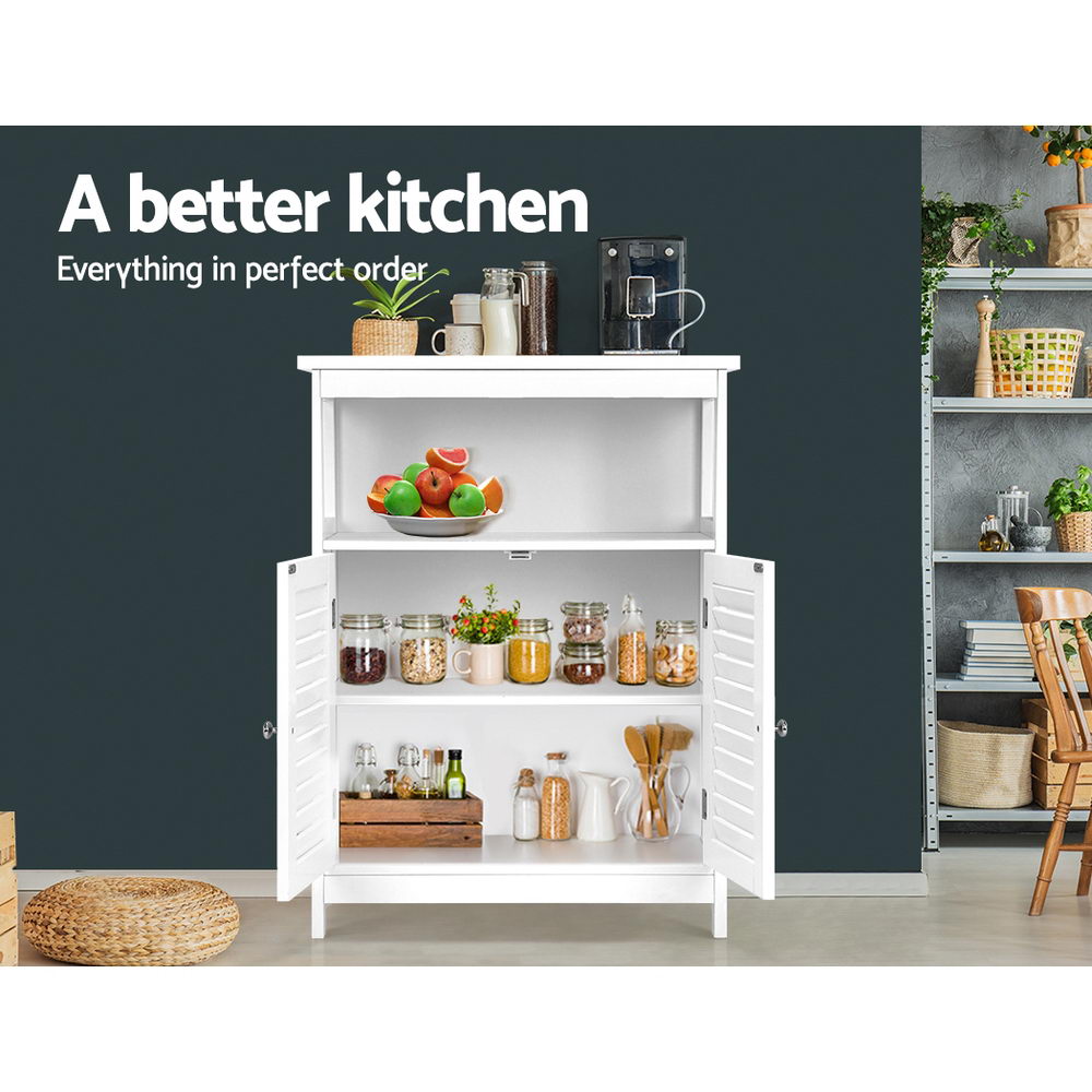 White louvred sideboard with doors open storing jars in kitchen; text: a better kitchen, everything in perfect order