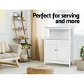 White louvred sideboard in living room with open shelf above doors; text: perfect for serving and more
