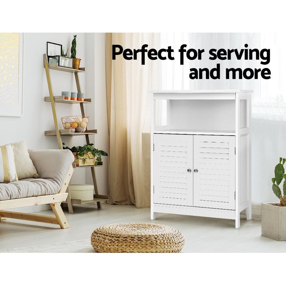 White louvred sideboard in living room with open shelf above doors; text: perfect for serving and more