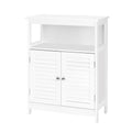 White sideboard with open top shelf and two louvred doors with chrome knobs, four legs, front view on white background