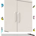 Close-up of white metal locker cabinet doors showing two matching centre bar handles with colourful geometric border graphics