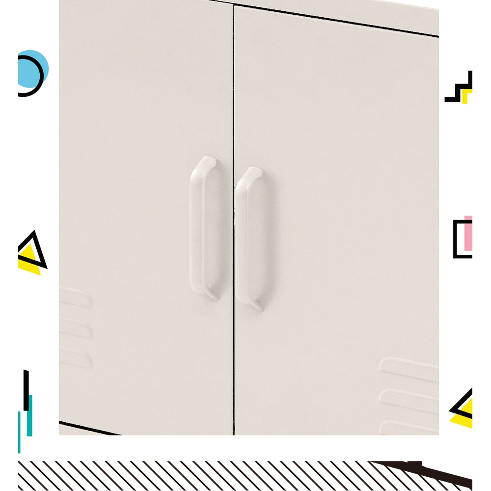 Close-up of white metal locker cabinet doors showing two matching centre bar handles with colourful geometric border graphics