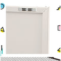 Close-up of white metal locker cabinet top corner showing hinge clip mechanism with colourful geometric border graphics