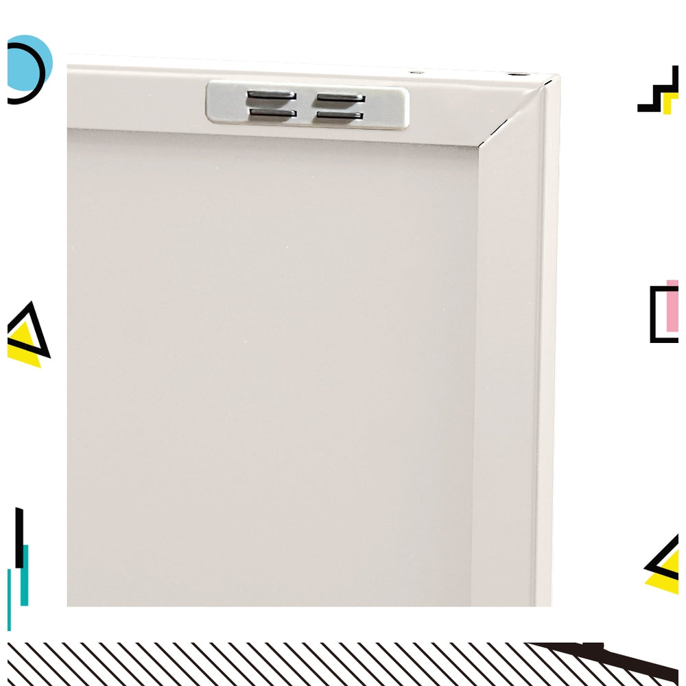 Close-up of white metal locker cabinet top corner showing hinge clip mechanism with colourful geometric border graphics