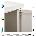 Close-up of white metal locker cabinet side corner showing spring door hinge mechanism between top panel and door
