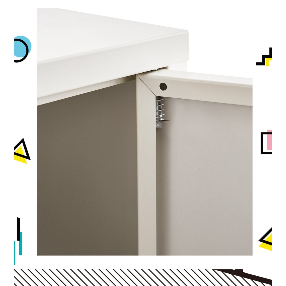 Close-up of white metal locker cabinet side corner showing spring door hinge mechanism between top panel and door