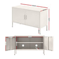 White metal locker cabinet dimensions showing 100cm width, 40cm depth, 64cm height with interior shelving and cable holes