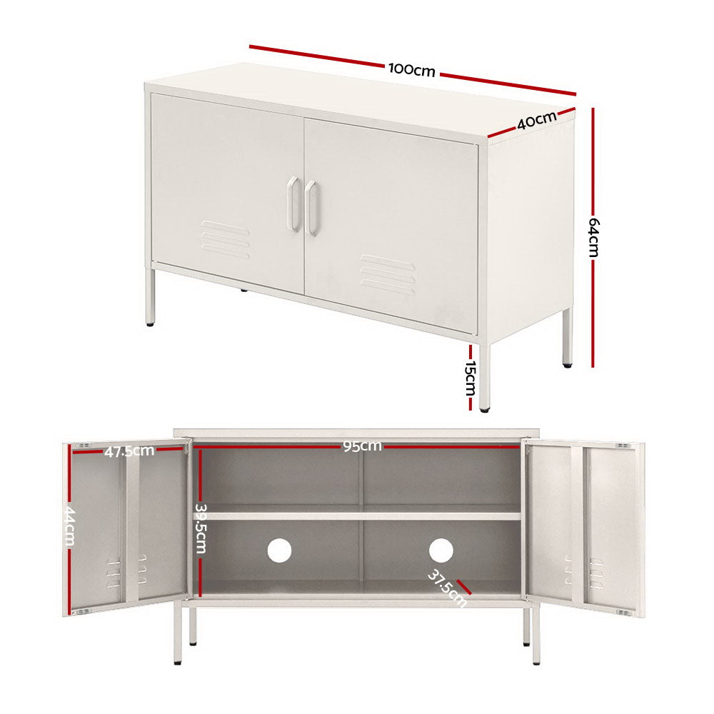 White metal locker cabinet dimensions showing 100cm width, 40cm depth, 64cm height with interior shelving and cable holes
