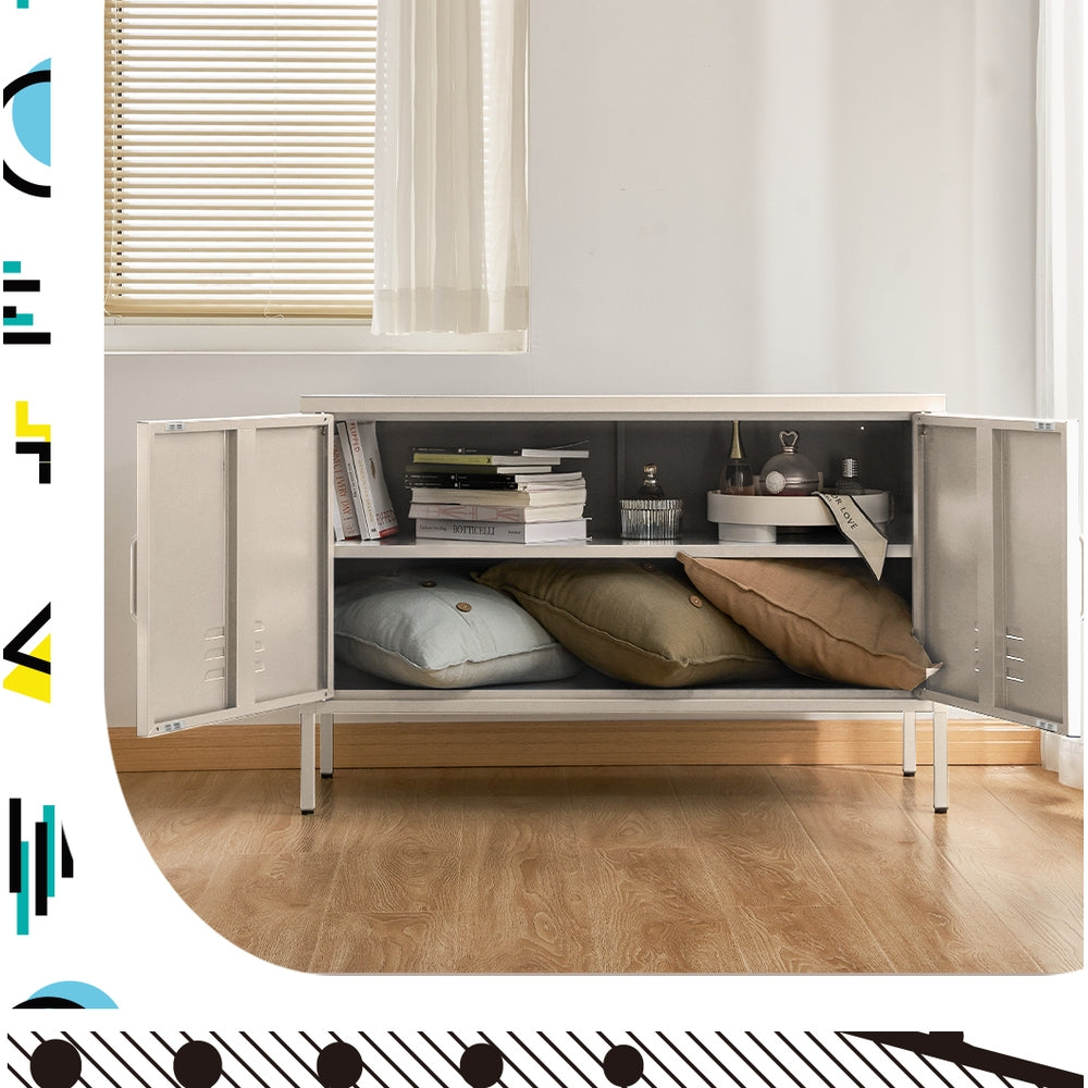 White metal locker cabinet doors open showing books on top shelf and cushions on lower shelf in lifestyle room setting