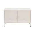 White metal two-door locker cabinet with centre handles and vent slots on thin metal legs on white background