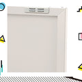 Close-up of white metal locker cabinet top corner showing door hinge clip mechanism with colourful geometric border graphics