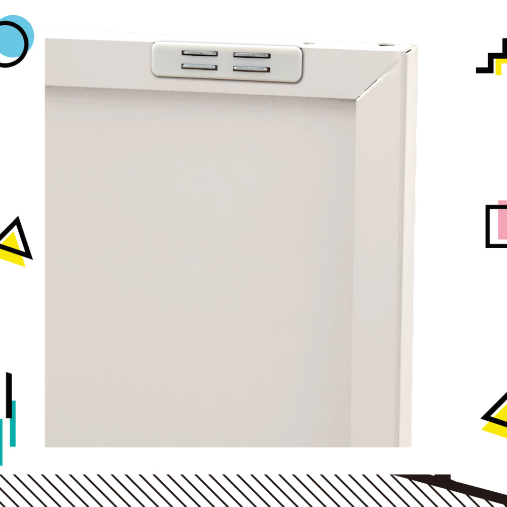 Close-up of white metal locker cabinet top corner showing door hinge clip mechanism with colourful geometric border graphics