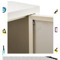 Close-up of white metal locker cabinet side corner showing spring door hinge mechanism between top panel and door