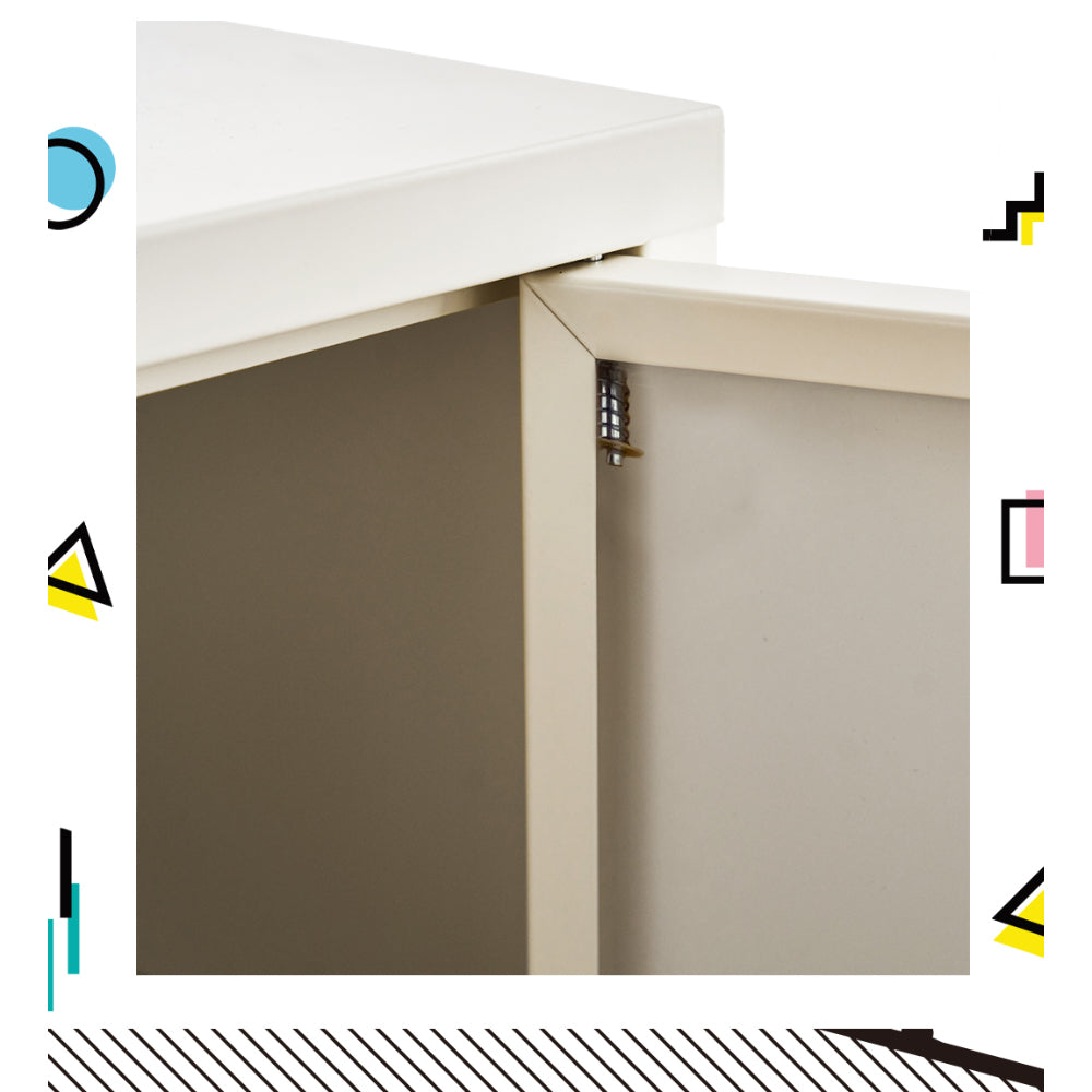 Close-up of white metal locker cabinet side corner showing spring door hinge mechanism between top panel and door