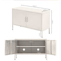 White metal locker cabinet dimensions showing 100cm width, 40cm depth, 64cm height with interior shelving and cable holes