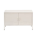 White metal two-door locker-style cabinet with vent slots and matching handles on thin metal legs on white background