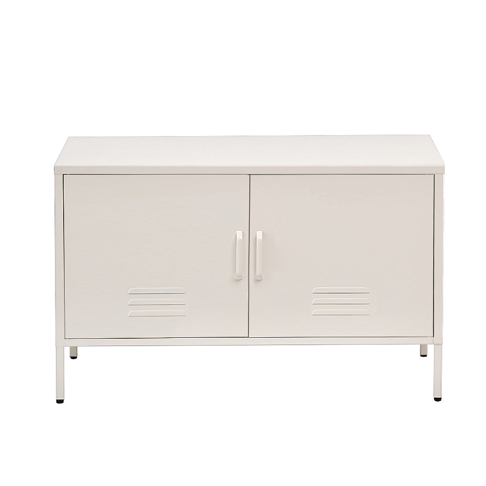White metal two-door locker-style cabinet with vent slots and matching handles on thin metal legs on white background