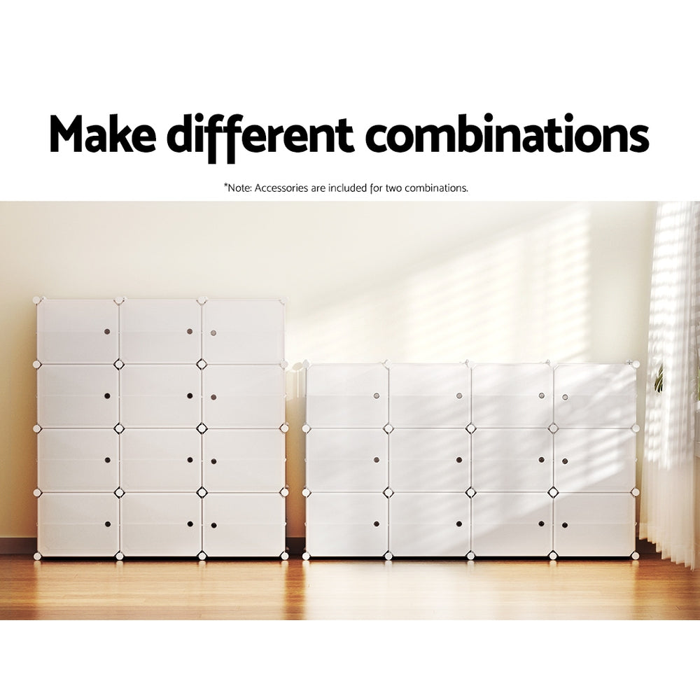 White modular 12-cube shoe cabinet infographic showing two different arrangement configurations