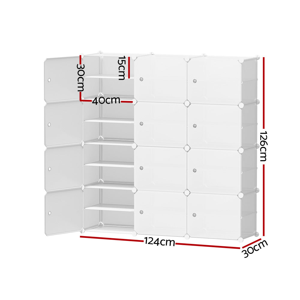 White modular 12-cube shoe cabinet dimensions 124cm wide 126cm tall 30cm deep 40cm cube 15cm spacing