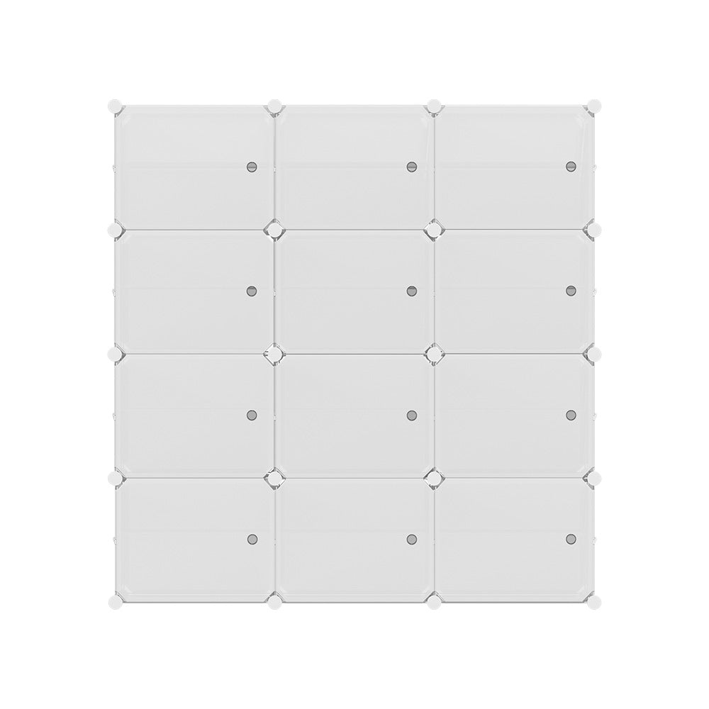 White modular 12-cube shoe cabinet front view all doors closed in 3x4 panel arrangement