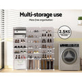 White modular 12-cube shoe cabinet loaded with shoes and boots, 2.5KG load per panel badge shown