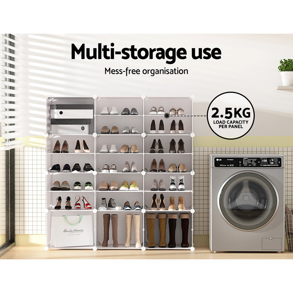 White modular 12-cube shoe cabinet loaded with shoes and boots, 2.5KG load per panel badge shown