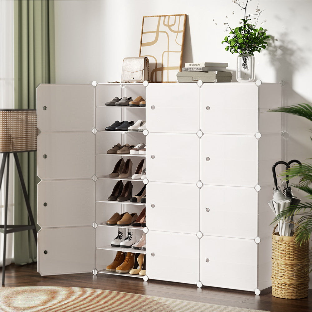 White modular 12-cube shoe cabinet in room setting with one section open showing shoe shelves