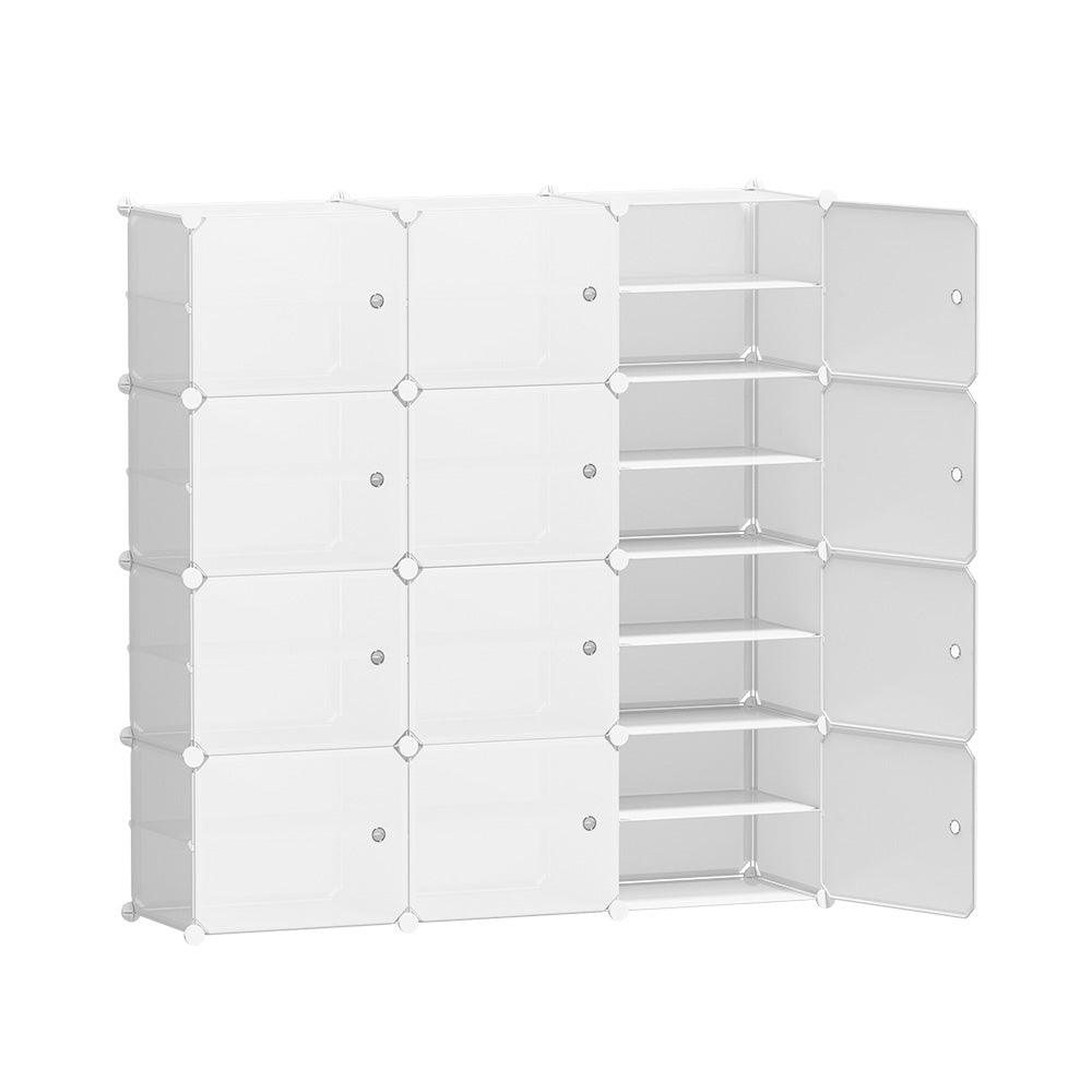 White modular 12-cube shoe cabinet on white background with one column open showing internal shelves