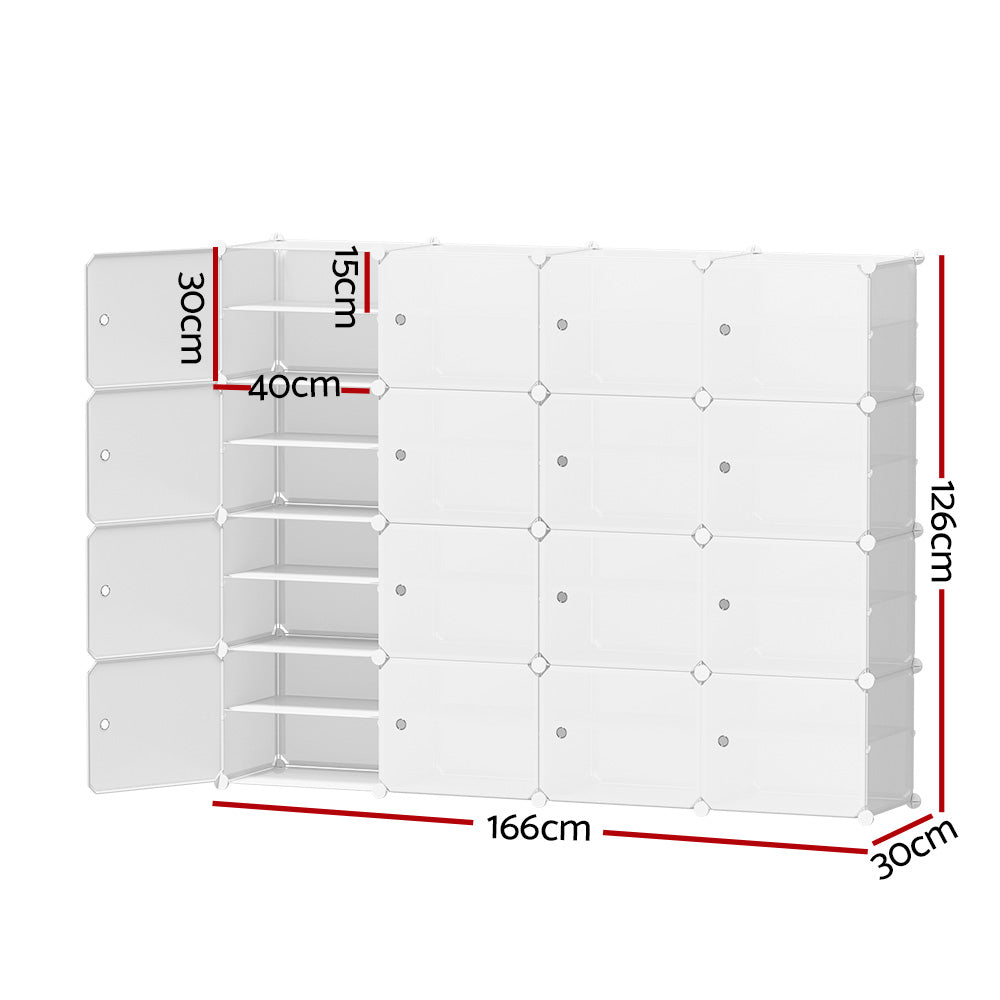 White modular 16-cube shoe cabinet dimensions 166cm wide 126cm tall 30cm deep 40cm cube 15cm spacing