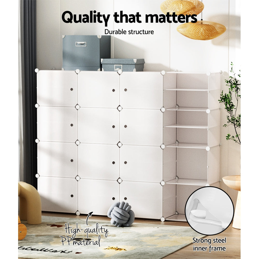 White modular 16-cube shoe cabinet quality infographic highlighting PP material and steel inner frame