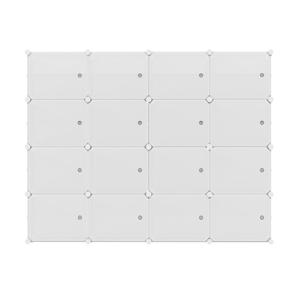 White modular 16-cube shoe cabinet front view all doors closed on white background