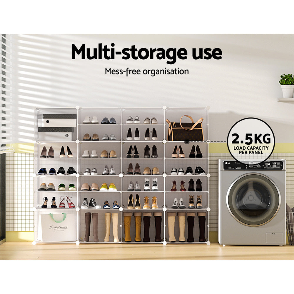 White modular 16-cube shoe cabinet loaded with shoes in room, 2.5KG load per panel badge visible